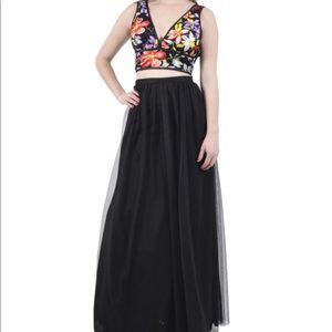 A black floral two piece prom dress